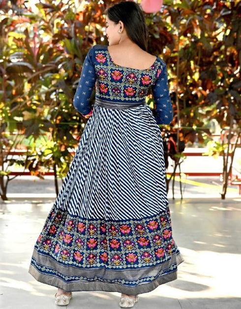 Blue Trendy Pashmina Silk Print Readymade Gown Back View