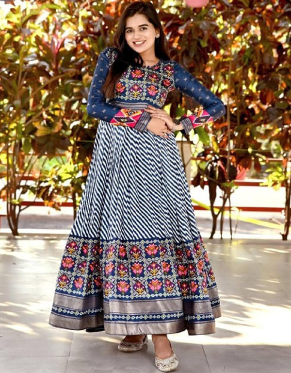 Blue Trendy Pashmina Silk Print Readymade Gown