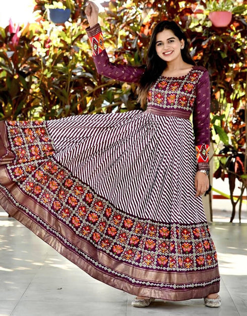 Wine Trendy Pashmina Silk Print Readymade Gown Closure View