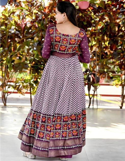 Wine Trendy Pashmina Silk Print Readymade Gown Back View