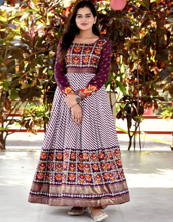 Wine Trendy Pashmina Silk Print Readymade Gown