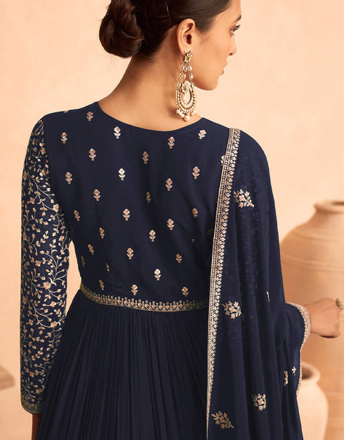 Navy Blue Faux Georgette Pant Anarkali Closure View