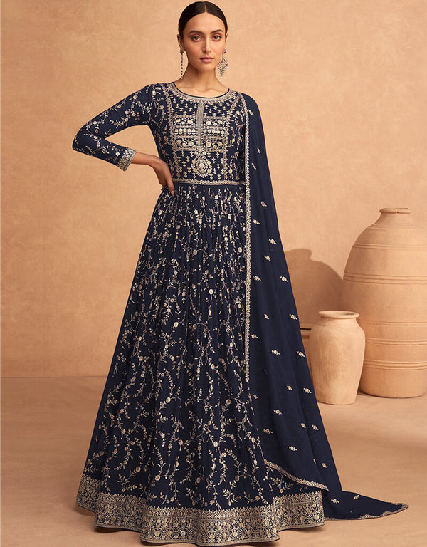 Navy Blue Faux Georgette Pant Anarkali