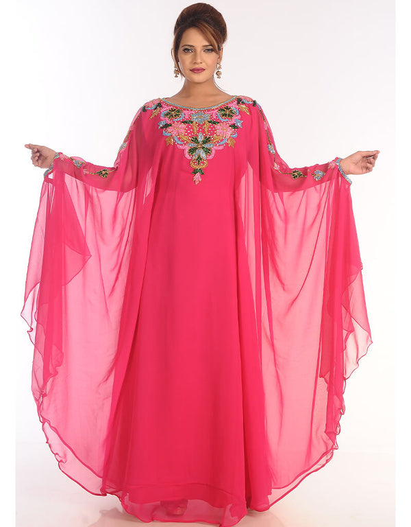 Modern Peach Georgette Hand Zari Embroidery Kaftan