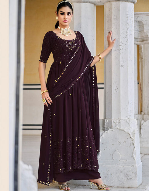 Wine Georgette Palazzo Anarkali Closure View