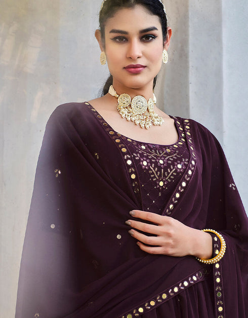 Wine Georgette Palazzo Anarkali Back View