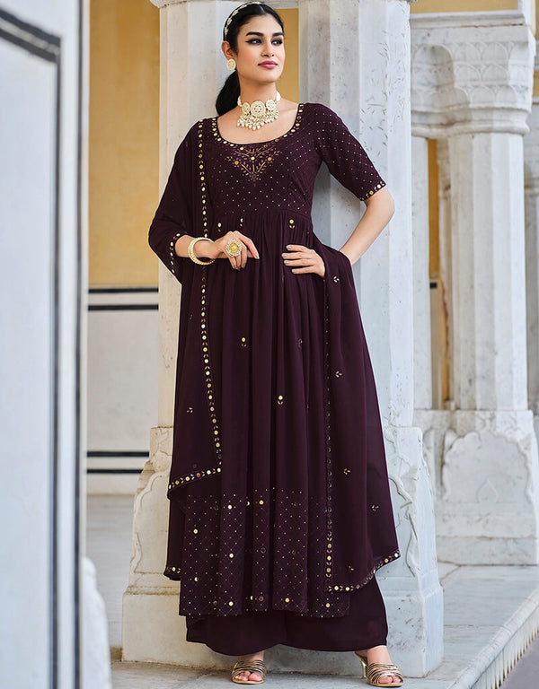 Wine Georgette Palazzo Anarkali