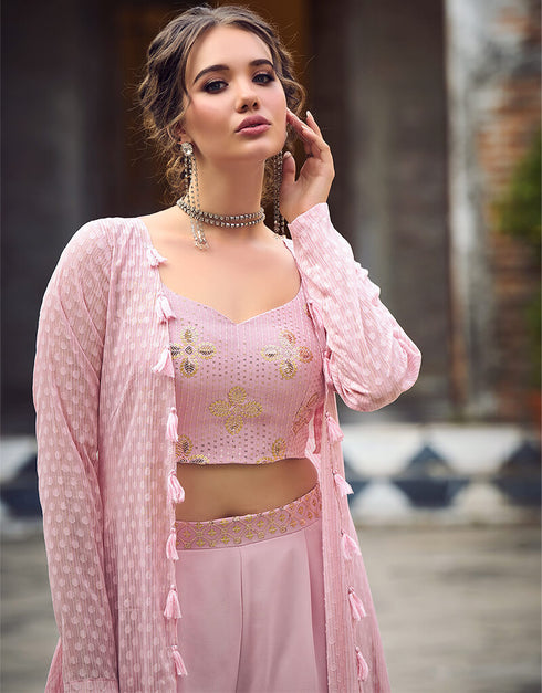 Dusty Pink Self Weaving Design Georgette Palazzo Suit Closure View