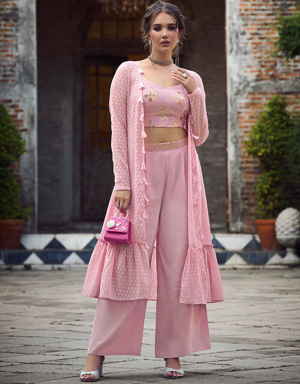 Dusty Pink Self Weaving Design Georgette Palazzo Suit