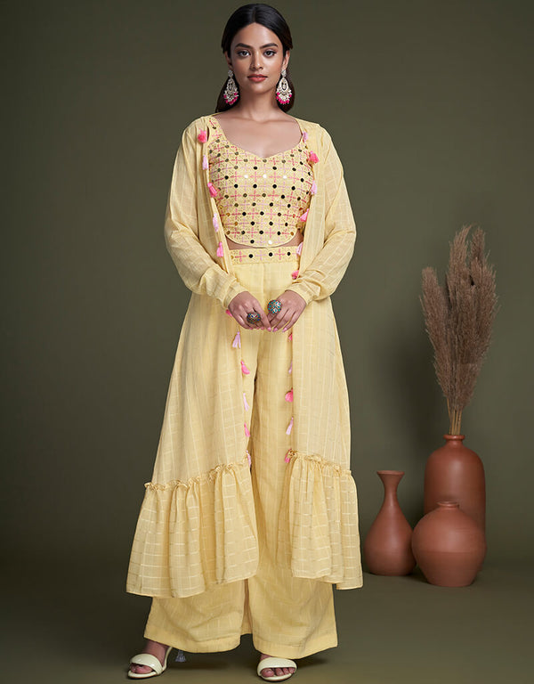Yellow Weaving Georgette Palazzo Suit