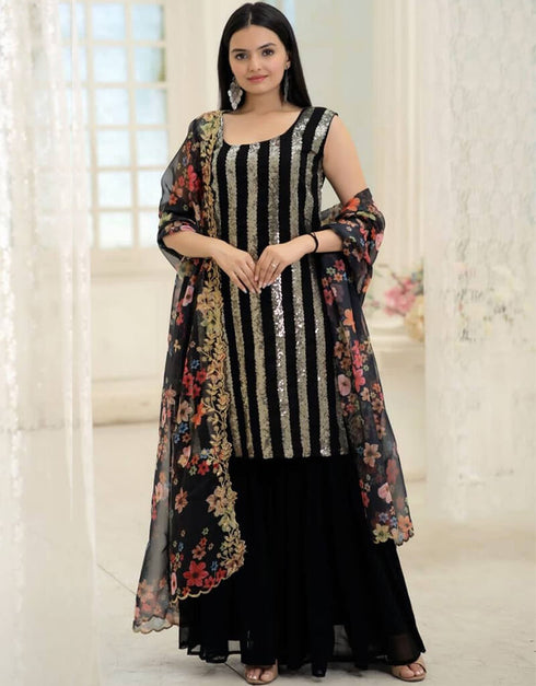 Black Faux Blooming Palazzo Suit Closure View