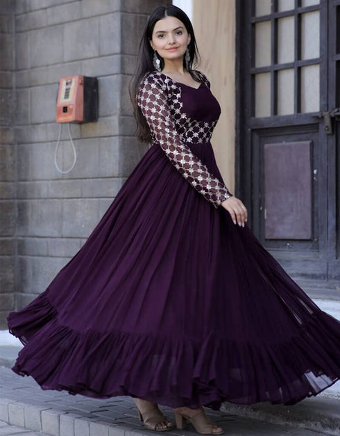 Wine Designer Function Wear Heavy Readymade Gown Back View