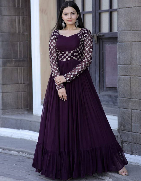 Wine Designer Function Wear Heavy Readymade Gown