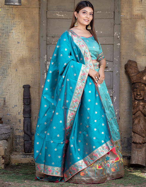 Firozi Paithani Silk Lehenga Choli Closure View