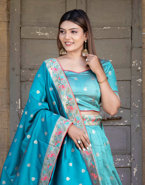 Firozi Paithani Silk Lehenga Choli Back View