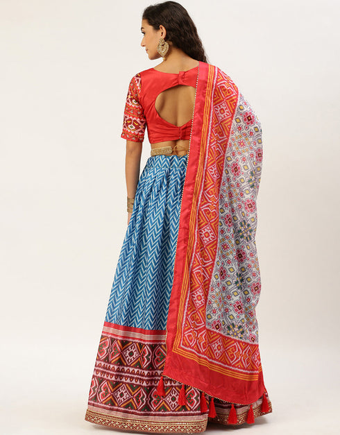 Red Chinon Lehenga Choli Back View