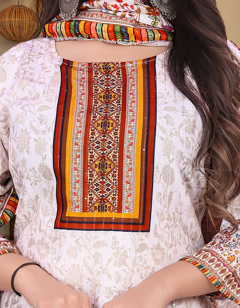 White Printed Maslin N/A Straight Salwar Kameez