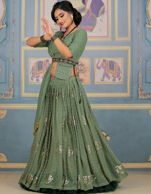 Mahendi Green Fox Georgette Lehenga Choli Closure View
