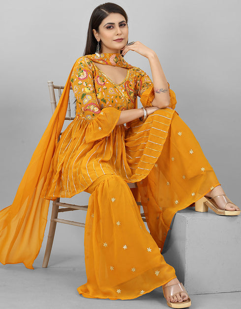Mustard Georgette Sharara Suit Back View