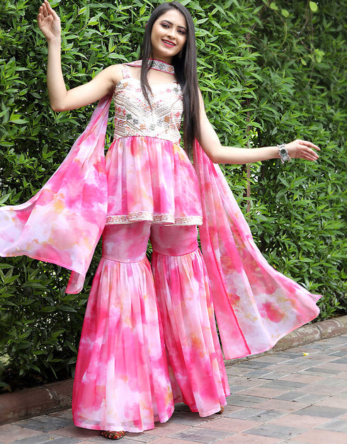 Pink Georgette Sharara Suit Closure View