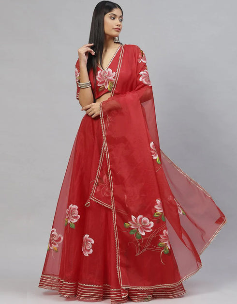Red Organza Lehenga Choli Closure View