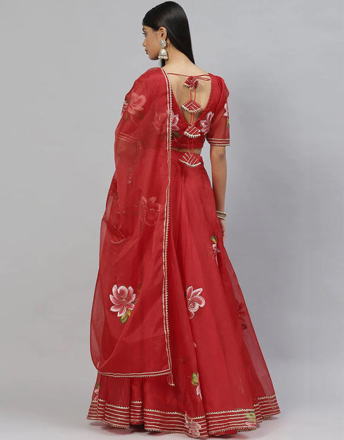 Red Organza Lehenga Choli Back View