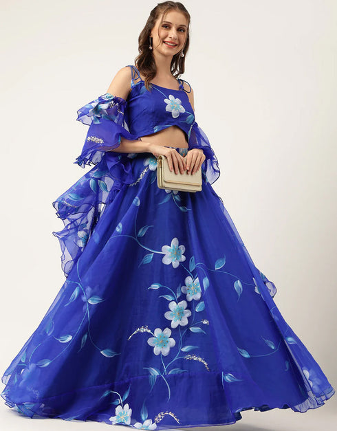 Royal Blue Organza Lehenga Choli Closure View