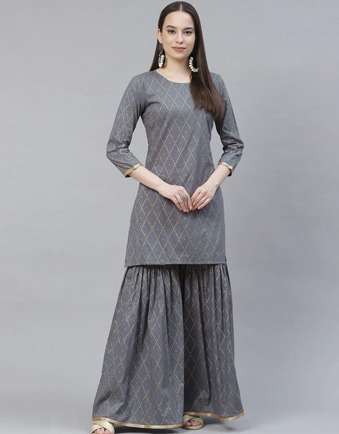 Grey Viscose Rayon Sharara Straight Closure View
