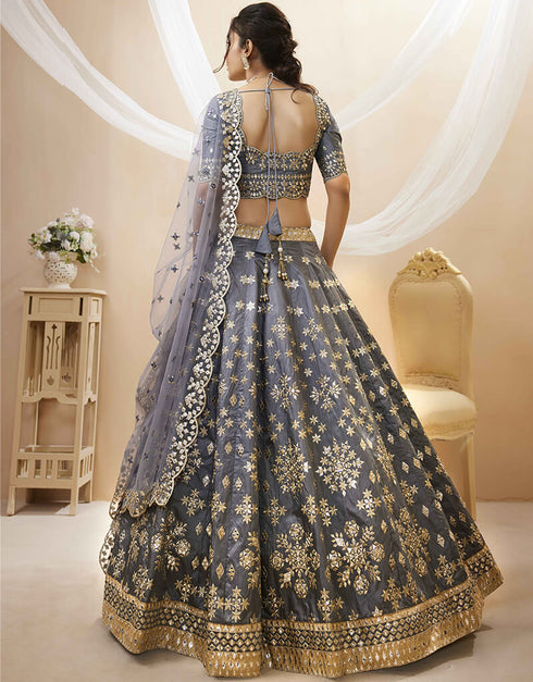 Grey Art Silk Lehenga Choli Back View