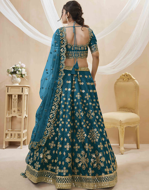 Blue Art Silk Lehenga Choli Back View