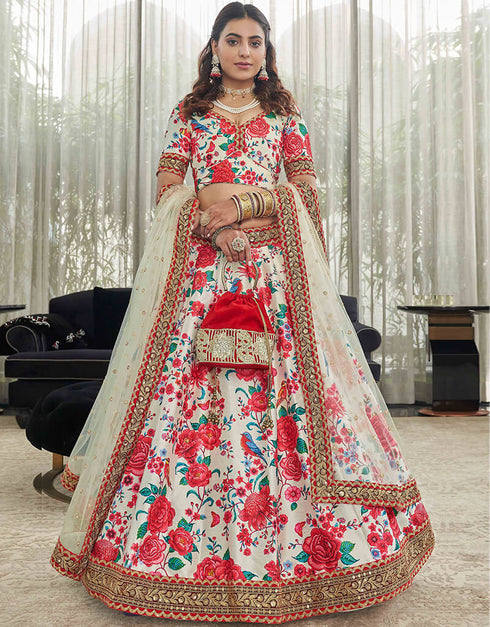 White Red Art Silk Lehenga Choli Closure View