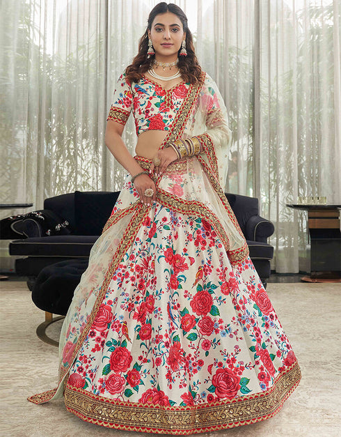 White Red Art Silk Lehenga Choli