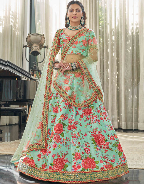 Mint Red Art Silk Lehenga Choli Closure View