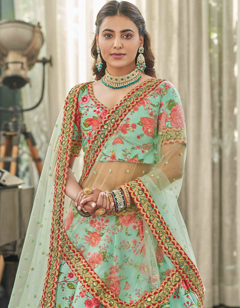 Mint Red Art Silk Lehenga Choli Back View