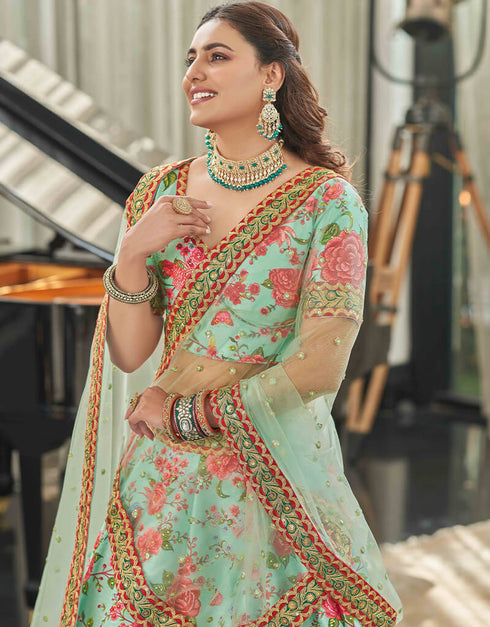 Mint Red Art Silk Lehenga Choli Salwar Kameez