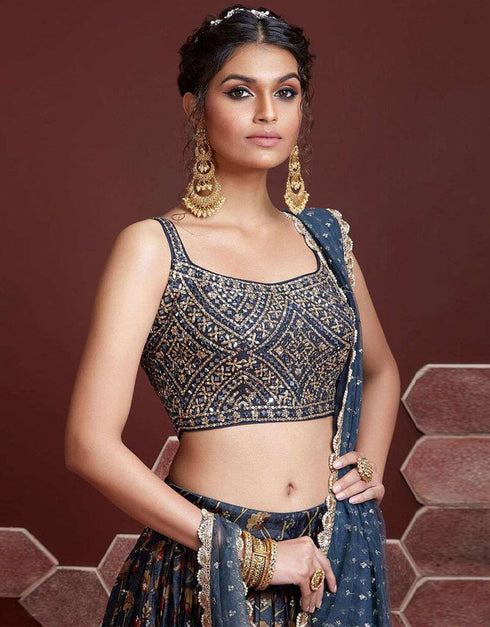 Blue Chinon Silk Lehenga Choli Closure View