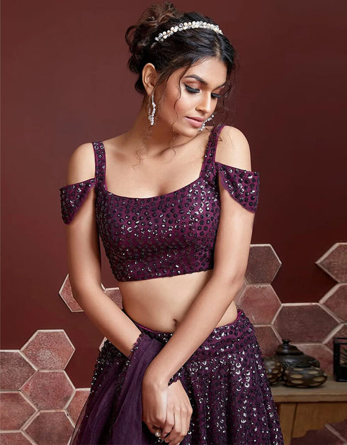 Wine Heavy Soft Net Lehenga Choli Closure View