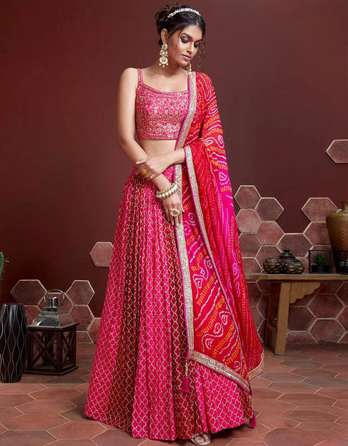 Pink Chinon Silk Lehenga Choli