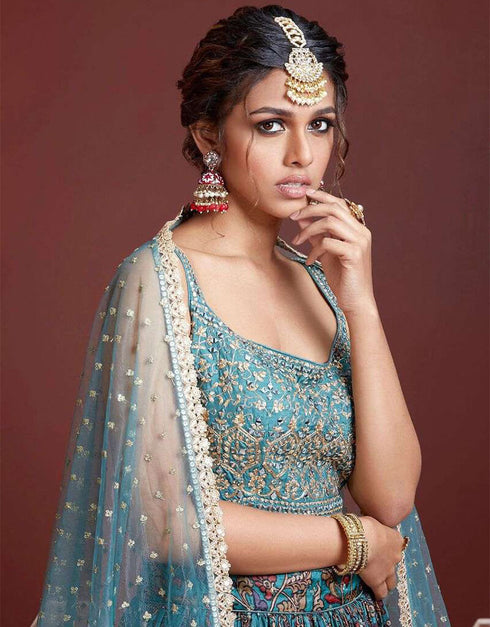 Sky Blue Chinon Silk Lehenga Choli Closure View