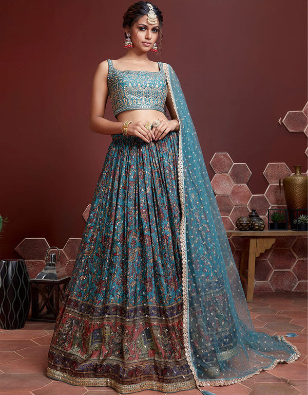 Sky Blue Chinon Silk Lehenga Choli