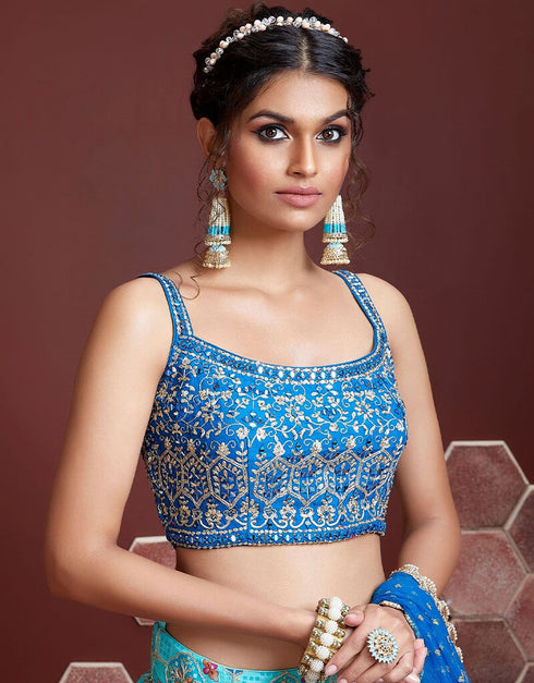 Sky Blue Pure Chinon Silk Lehenga Choli Closure View