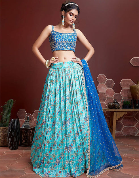 Sky Blue Pure Chinon Silk Lehenga Choli