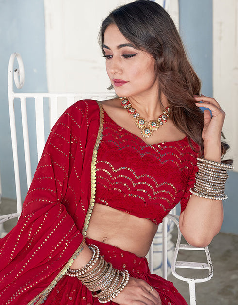 Red Georgette Lehenga Choli Back View