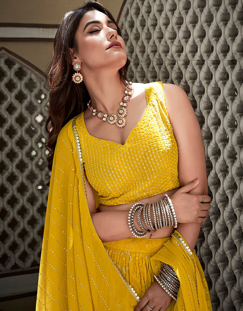 Yellow Georgette Lehenga Choli Back View