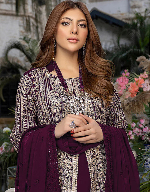 Wine Faux Georgette Pant Suit Closure View