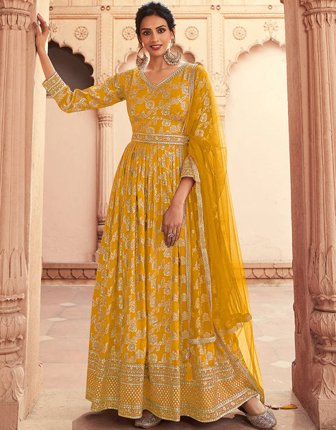 Yellow Dola Jacquard Silk Pant Anarkali
