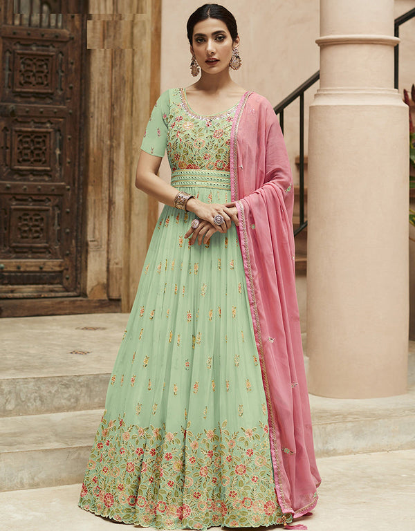 Pista Faux Georgette Pant Anarkali