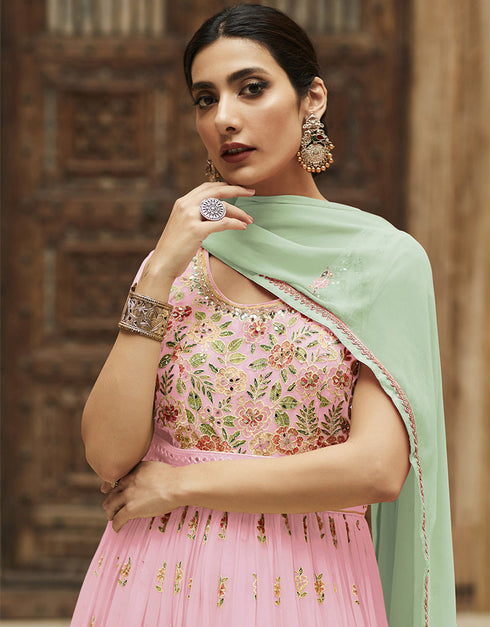 Pink Faux Georgette Pant Anarkali Closure View