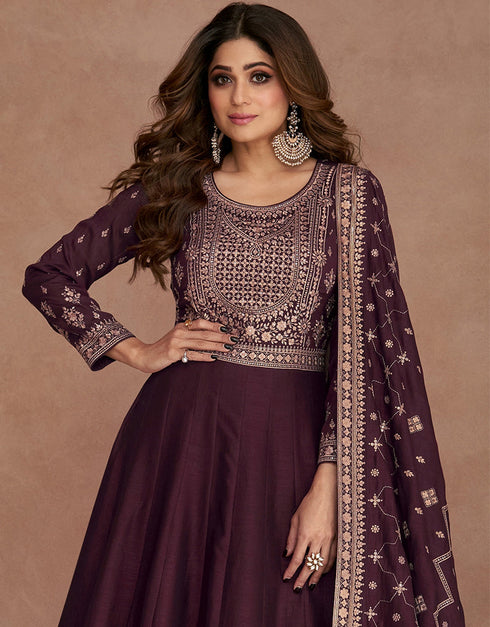Wine Premium Silk Pant Anarkali Closure View