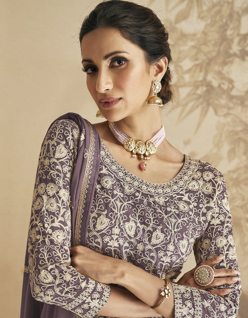 Mauve Faux Georgette Sharara Suit Closure View